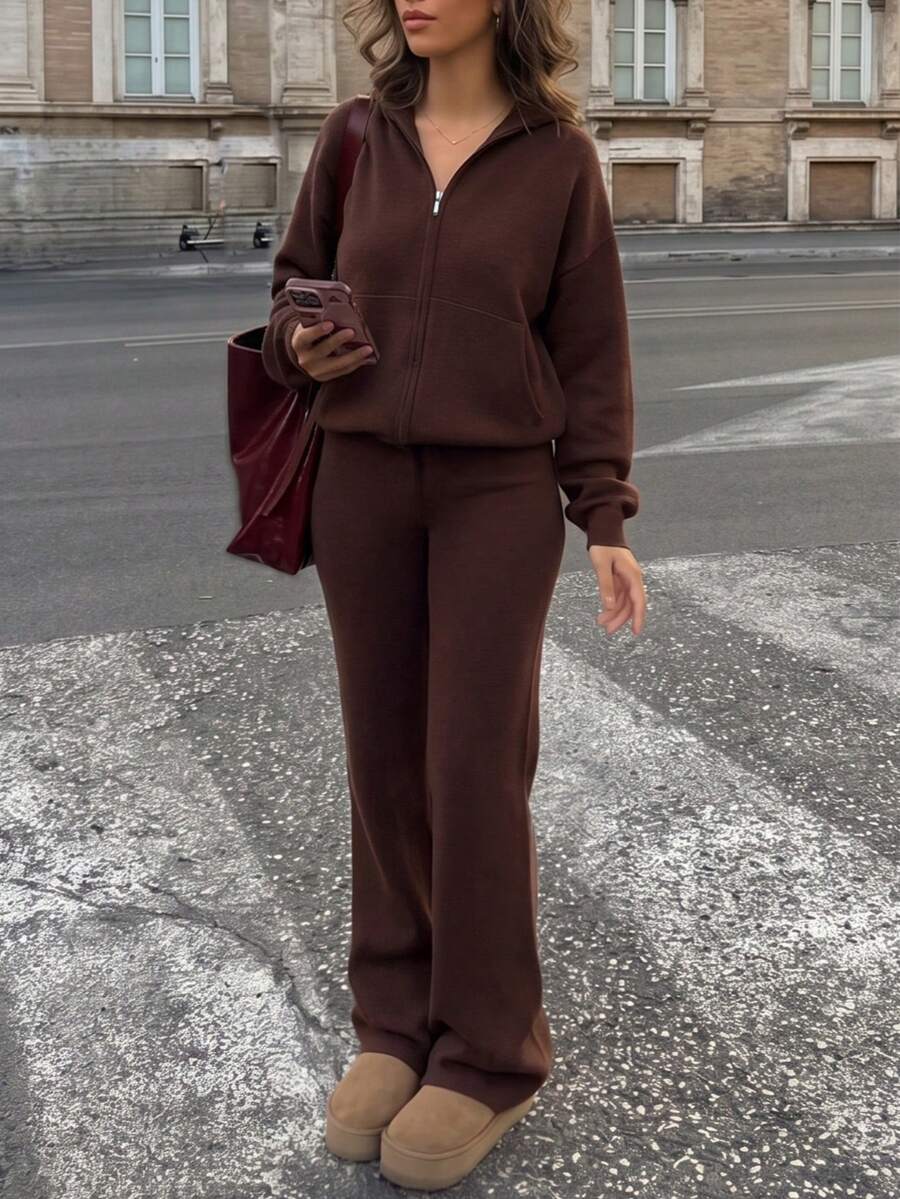 Casual Minimalist Fashion Women's Brown Ribbed Knit Set, Including Zipper Loose Hoodie Jacket And Drawstring Wide Leg Pants, Comfortable Choice For Autumn, Contains Knitted - Brown - View 1