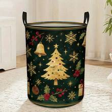 1PC Dark Green Golden Christmas Tree Print Storage Bucket With Handles, Large Capacity Fabric Storage Basket - Gold and Green - View 3