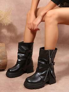 Women's Faux Leather Ruched Mid-Calf Boots With Thick Sole, Round Toe, Chunky Square Heel, Belt Buckle And Exposed Side Zipper Fashion Boots - Black - View 2