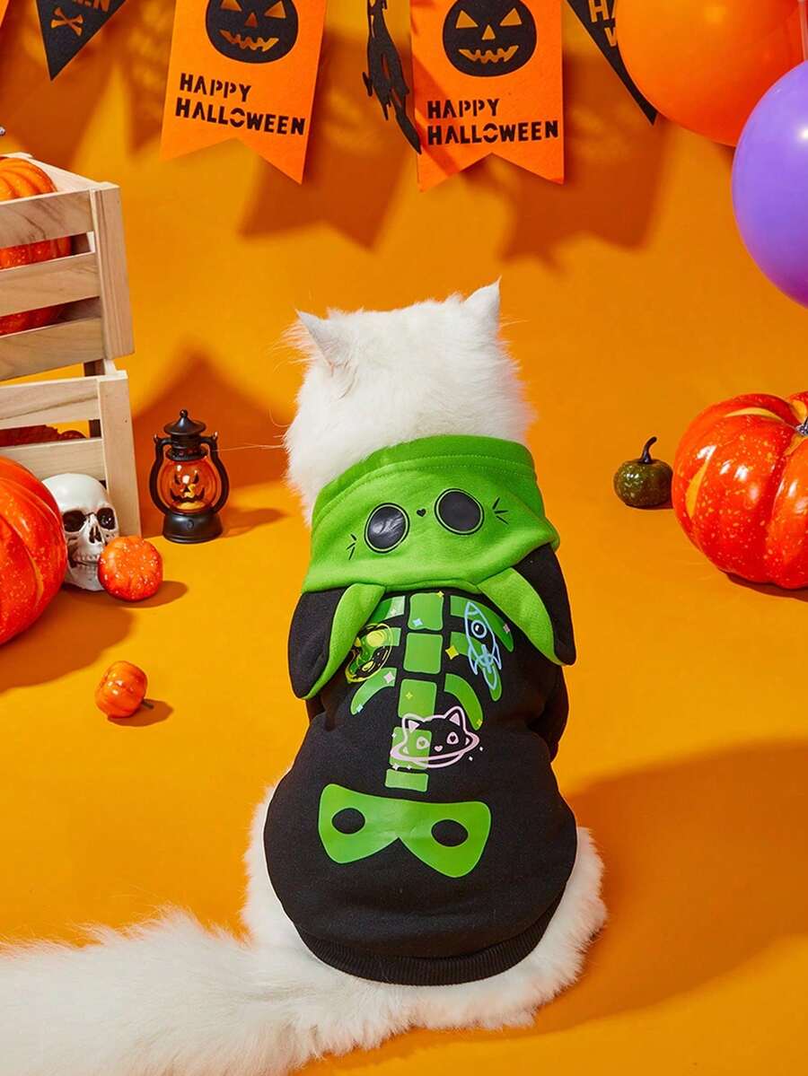 LUCKIE PAL 1pc Halloween Cartoon Pet Hooded Sweatshirt Space Skeleton Rib Planet Rocket Cat Print Spring Autumn Thin Breathable Dog Clothes Suitable For Small And Large Dogs And Cats Indoor And Outdoor - Black - View 1