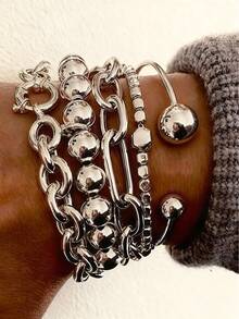 Set Of 5 Elegant, Bohemian-Style Holiday Bracelets For Women Featuring CCB Starfish, Shells, And Beads; Elastic Bangles Suitable For Daily Wear And Beach Vacations; Stackable; Great Gift Idea. - Silver - View 1