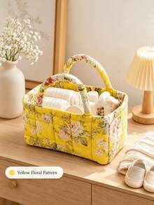 Floral Fabric Storage Basket With Handle, Quilted Organizer, Suitable For Bedroom, Bathroom, Closet, And Shelf, Portable Clothing And Cosmetic Storage Box, Home Decor, Shelf Baskets - Multicolor - View 6