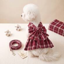 1pc Plaid Dog Dress Harness & Leash Set, Cute Bow Princess Style Pet Dress, Adjustable Breathable Harness, Suitable For Puppies, Small Dogs And Cats, Pet Walking Set - Multicolor - View 3