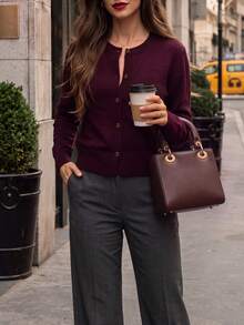 DONICY Women's Burgundy Round Neck Single Breasted Cropped Knit Cardigan Sweater, Spring/Autumn Casual & Office Wear Winter - Burgundy - View 9
