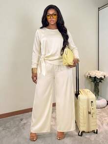 Women's Plus Size 2-Piece Set, Crew Neck Top With Tie Detail, Non-Stretch Fabric, Suitable For Daily Wear - Champagne - View 5
