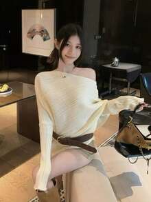 Women's Shoulder Strap Belted Knit Sweater Top, New Autumn/Winter Lazy High-End Style - Apricot - View 8