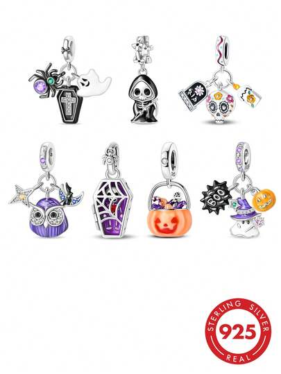 1PC Gothic 925 Sterling Silver Enamel Skull Ghost Spider Death Charm Pendant Beads For Women DIY Bracelet, For Halloween Party Fashion Jewelry Gift