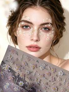 1pc Fresh Floral Face Decoration Sticker, Pale Pink & White 3D Small Flower & Leaf English Element, Self-Adhesive Glue-Free Face Makeup Sticker, Spring Party Photography Stage Makeup Atmosphere Face Embellishment Decoration Sticker - Multicolor - View 1