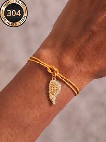 1pc Golden Angel Wing Pendant Double Layer Snake Cord Bracelet, Adjustable Knot Wrist Jewelry For Women - Gold - View 8
