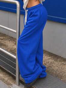 Women's Bright Blue Wide Leg Sweatpants, Contrast Drawstring Elastic Waist With Side Pockets, Suitable For Back To School, Gym And Casual Daily Wear - Blue - View 3