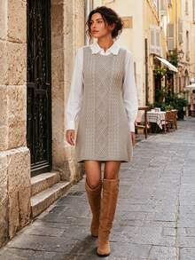 SEREN Fashion Women's Round Neck Sleeveless Cable Knit Dress, Autumn Fashion Outfit - Light Gray - View 3