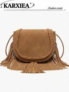 Tas Fashion Musim Gugur/Dingin Terbaru, Tas Selempang Serbaguna, Tas Kecil Rumbai Modis, Tas Kasual Persegi Kecil Matte, - Coklat - View 1