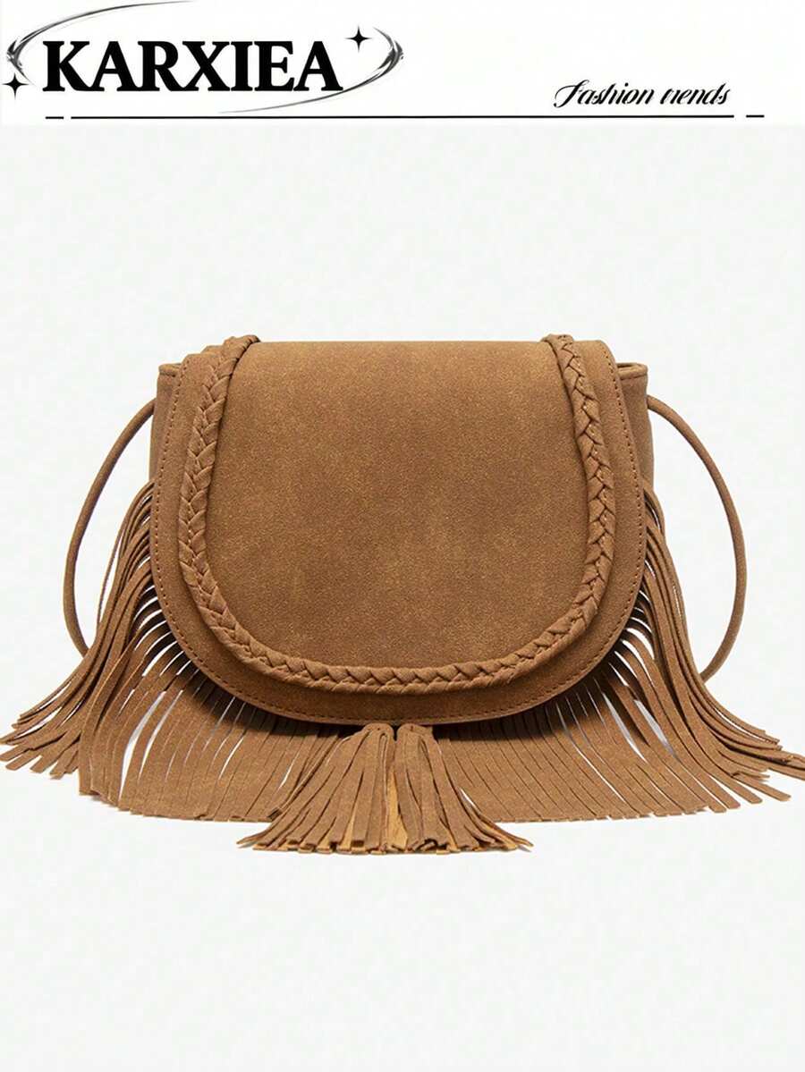 Tas Fashion Musim Gugur/Dingin Terbaru, Tas Selempang Serbaguna, Tas Kecil Rumbai Modis, Tas Kasual Persegi Kecil Matte, - Coklat - View 1