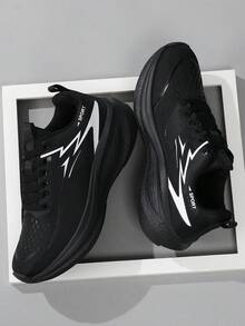Men's Black Mesh Running Sneakers, Lace-Up Breathable Lightweight Cushioned Daily Walking Sports Shoes, Also Suitable For Women - Black - View 2