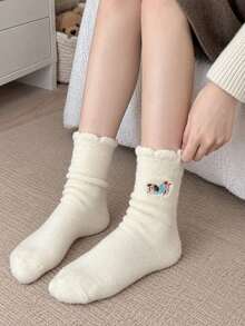 4 Pairs Women's Dachshund Plush Mid-Calf Socks With Ruffle Trim, Warm Autumn/Winter Cute Japanese Style Home Sleep Casual Socks - Multicolor - View 3