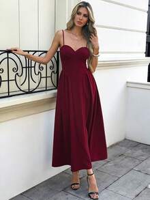 Elegant Women's Burgundy Spaghetti Strap Maxi Dress, Suitable For Holiday Parties, Birthday Parties, Slimming Waist-Cinching Design - Burgundy - View 8