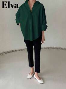 VELLA Women's Autumn Elegant Loose 3/4 Sleeve Rolled Cuff Plus Size Blouse, Commuting, Back To School, Outing, Casual - Dark Green - View 4