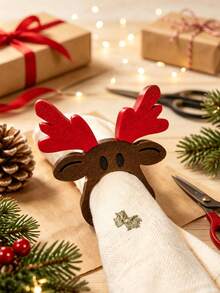 1/4pcs Christmas Reindeer Shaped Wooden Napkin Rings, Brown Tableware Buckles, Christmas Reindeer Design, Suitable For Christmas, Halloween, New Year, Wedding And Various Holiday Party Table Decoration - Rust Brown - View 10