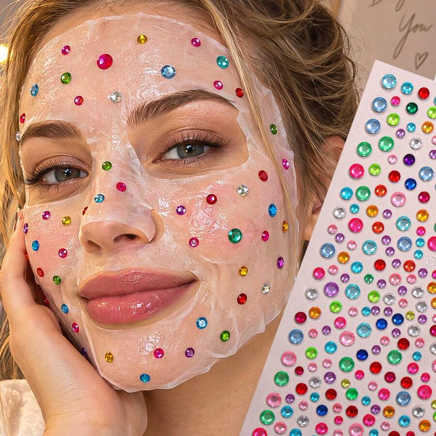 Face Mask Self-Adhesive AB Teardrop Star Pearl Rhinestone Stickers-1Sheet, Iridescent Crystal Gem Decals, Bling Face Jewels, DIY Self-Care Selfie Makeup Accessories For Rave, Festival, Y2K Party
