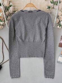 Grey Wavy Ruffle Collar Tie-Front Bow Knitted Cardigan Women's Slim Fit Ruffle Cuff Long Sleeve Top Base Layer - Grey - View 9