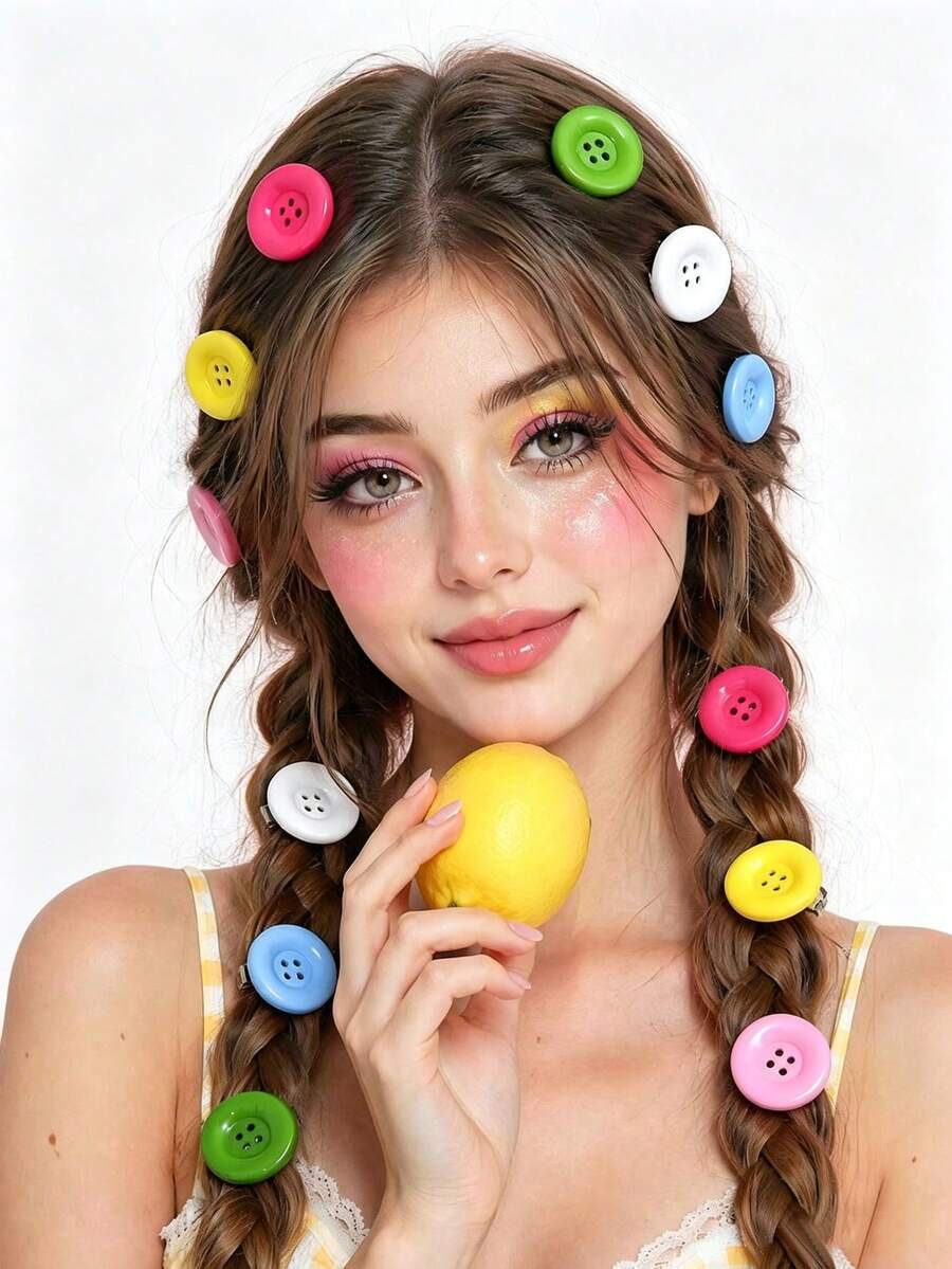 6pcs/12pcs Women's Large Round Button Hair Clips, Candy Color Y2K Cute Dopamine Bright Color Bangs Clips, Sweet Girl Broken Bangs Hairstyle Accessories - Multicolor - View 1