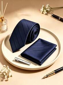 3pcs Men's 8cm Diagonal Striped Tie, Pocket Square, Tie Clip Set, Suitable For Business, Commute, Banquet, Party, Cocktail, Wedding - Navy Blue - View 1
