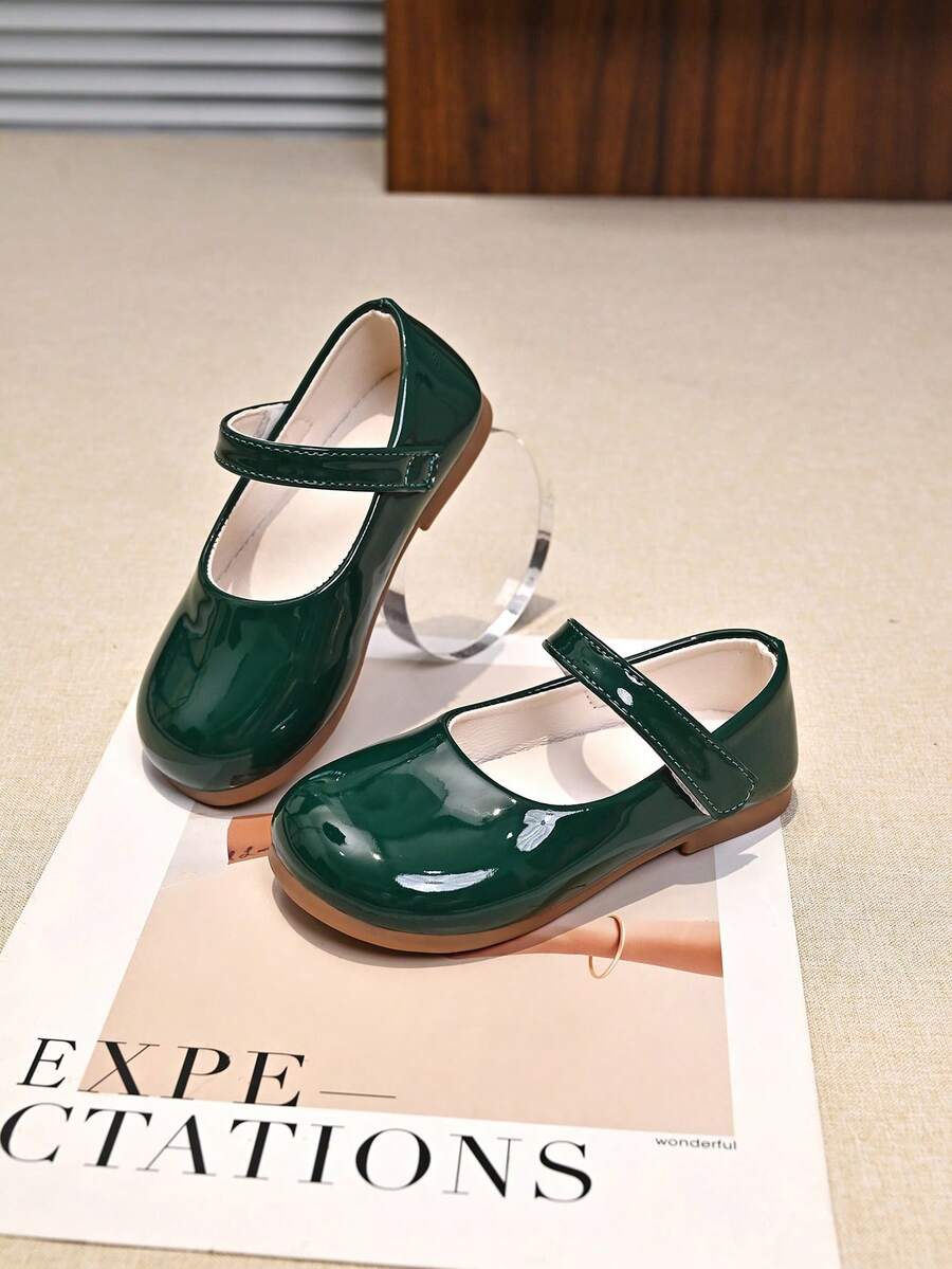1 Pair Kids Fashion Solid Color Patent Leather PU Hook And Loop Mary Jane Shoes, Suitable For School, Banquet, Party, All Season