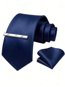 1 Set Men's 8cm Satin Tie, Pocket Square And Tie Clip Set, Suitable For Business Meetings, Wedding Party Groom Tie Set - Navy Blue - View 2