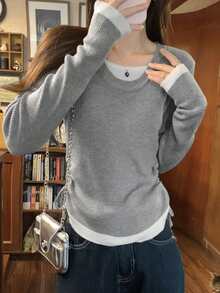 女款秋冬拼接配色 2 合 1 抽繩設計針織毛衣上衣 - 灰色 - 查看 4