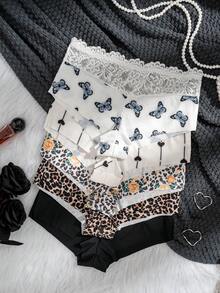 5pcs/Pack Women's Lace Patchwork Butterfly Leopard Print Floral Sexy Comfortable Triangle Panties - Multicolor - View 6