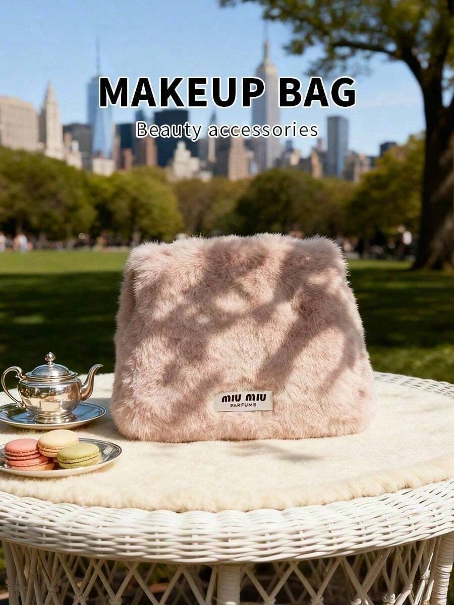 Grey Pink Faux Rabbit Fur Shell Zipper Makeup Bag, Soft Fluffy Woven MIU MIU Label, Sweet Style Cosmetic Storage Bag, Suitable For Daily Travel, Birthday Holiday Gift MIUMIU-GIFT-6 - Pink - View 1