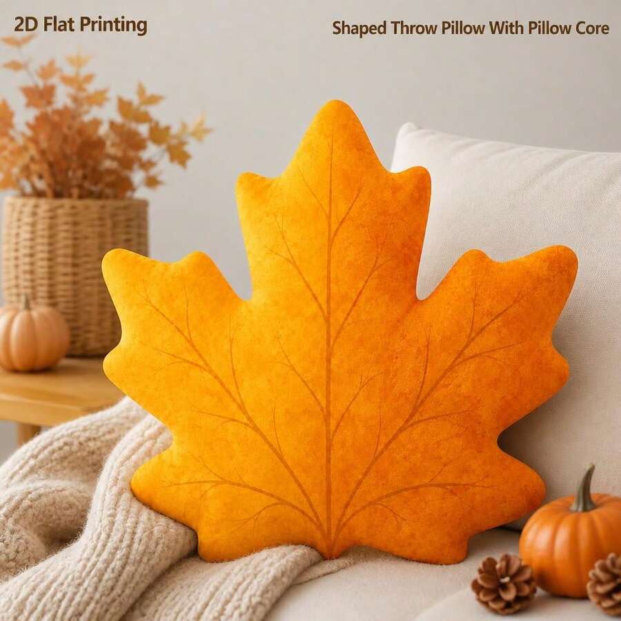 Golden Autumn Maple Leaf 2D Flat Printing Shaped Stuffed Throw Pillow, Perfect For Sofa Bedroom Living Room Cozy Home Decor For Office And Car, Throw Pillow Gift - Multicolor - View 1