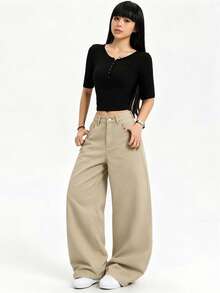 1 Stück Damen Lässig Loose Fit Weite Bein Khaki Jeans, bequeme Alltagshose im Street-Style für alle Jahreszeiten (Gürtel/Accessoires nicht enthalten) - Khaki - Übersicht 7