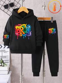 Set de 2 piezas Sudadera con capucha y pantalones de felpa con estampado gráfico informal para niño preadolescente, conjunto de otoño/invierno - Negro - Ver 3