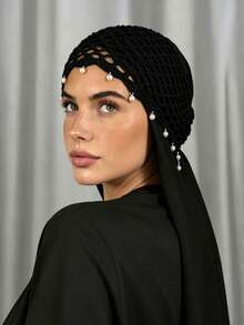 2pcs Muslim Hijab Set, 1pc Pearl Decorated Crochet Mesh Inner Cap + 1pc Chiffon Headscarf, Women's Islamic Headwear - Multicolor - View 5