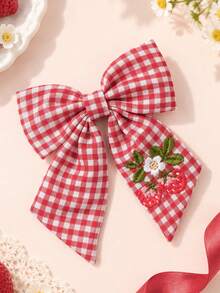 1pc Cute Red Plaid Bow Hair Clips For Kid Girls,Strawberry Embroidered Hairpins For Autumn Winter Daily,Gift,Child Girls' Checked Hair Accessory. - Multicolor - View 5