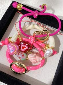 Vibrant Color, Unique Design Seashell Strawberry Heart Smiling Face Beaded Elastic Bracelet Adjustable Wristband, Suitable For Daily, Party, Wedding Wear, Gift For Friends - Multicolor - View 4