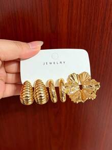 6/18pcs Fashion Stud Earrings Set Exaggerated Oversized C-Shaped Elegant Long Earrings Multi-Style Series Earring Set Suitable For Daily And Holiday Wear Women's Earring Set, - Gold - View 4