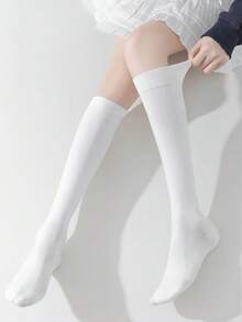 1/4 Pair Women's Pure White Ribbed Over-The-Knee Socks, Elastic Breathable Soft Knitted Casual Socks, Suitable For Daily Sports, Halloween, Christmas Party - White - View 7