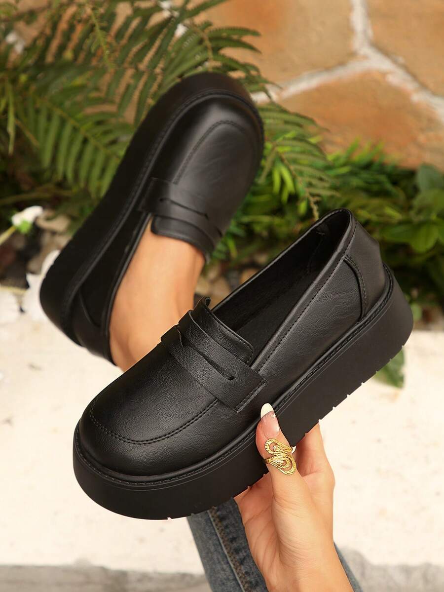 Women's Loafers And Slip-On Shoes, Vintage Thick Sole Shoes, British Academy Style Height-Increasing Versatile Shoes - Black - View 1