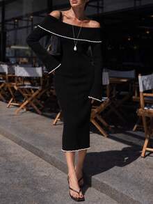 Knitwear Dress; Fish Tail Style Bodycon With Color Block Details And Off Shoulder Design - Black - View 3