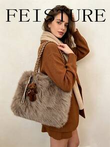 FEISTURE 1pc, New Autumn/Winter Plush Handbag, Fuzzy Tote Shoulder Bag With Pendant, Suitable For Girls, Women, College Students, New Professionals And Office Workers, Perfect For Work, Business, Commuting, School - Coffee - View 2