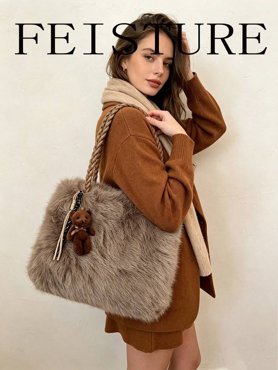 FEISTURE 1pc, New Autumn/Winter Plush Handbag, Fuzzy Tote Shoulder Bag With Pendant, Suitable For Girls, Women, College Students, New Professionals And Office Workers, Perfect For Work, Business, Commuting, School