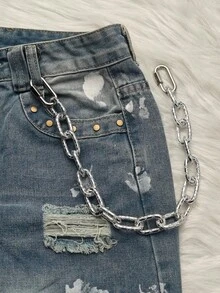 Y2K Punk Embossed Thick Single Layer Pants Chain, Textured Oval Link Jean Pants Chain, Unisex Heavy Metal Wallet Chain Streetwear Accessory - Silver - View 2