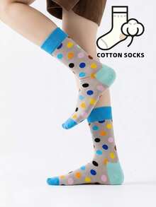 1 Pair Novelty Cartoon Multi-Color Polka Dot Pattern Sports Socks, Unisex Soft Cotton Casual Mid-Calf Socks, Suitable For Daily Wear, Men's Mid-Calf Socks, Autumn/Winter - Multicolor - View 3