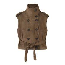 Women's Fashion Stand Collar Double-Breasted Tie Sleeveless Vest, Vintage Shoulder Patch Short Vest, Suitable For Autumn - Brown - View 8