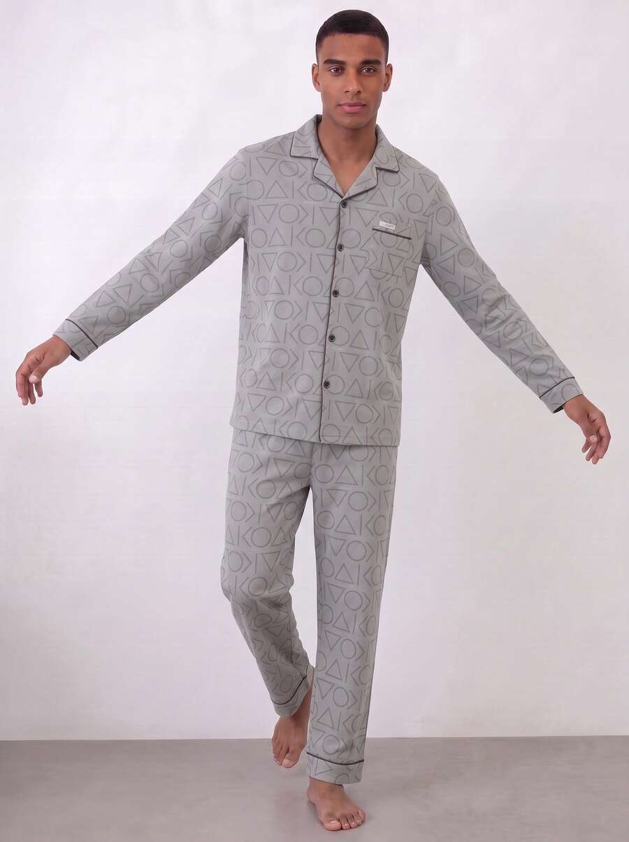 Snug League [PONX]男士两件套睡衣，长袖上衣和长裤，透气吸湿，春秋季/秋冬季服装 - 淺灰色 - 查看 1