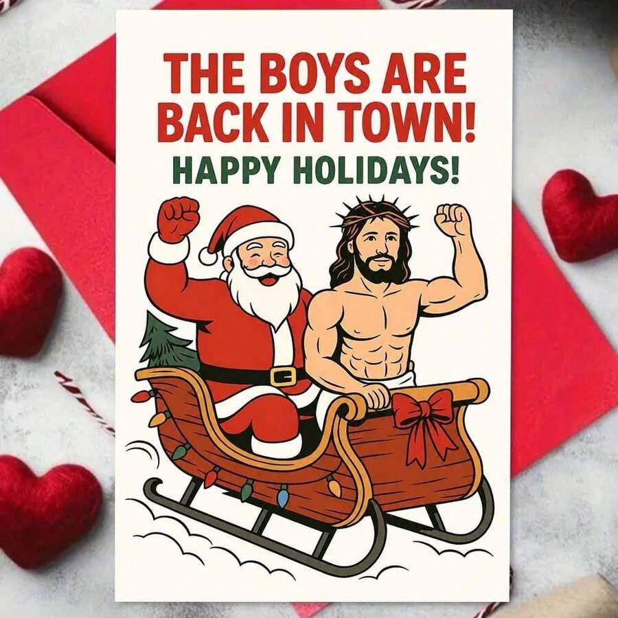 OBOVAY 1 Greeting Card + 1 Envelope Humorous Holiday Greeting Card, Santa And Friend In Sleigh "The Boys Are Back In Town" For Best Friends, Winter Festive Funny Style. - New Arrival - View 1