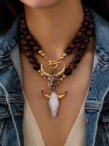 1pc Women's Western Bohemian Style Bull Head Tassel Necklace, Multi-Layer Brown Suede Cord With Gold Beads, Vintage Personalized Accessory - Multicolor - View 1