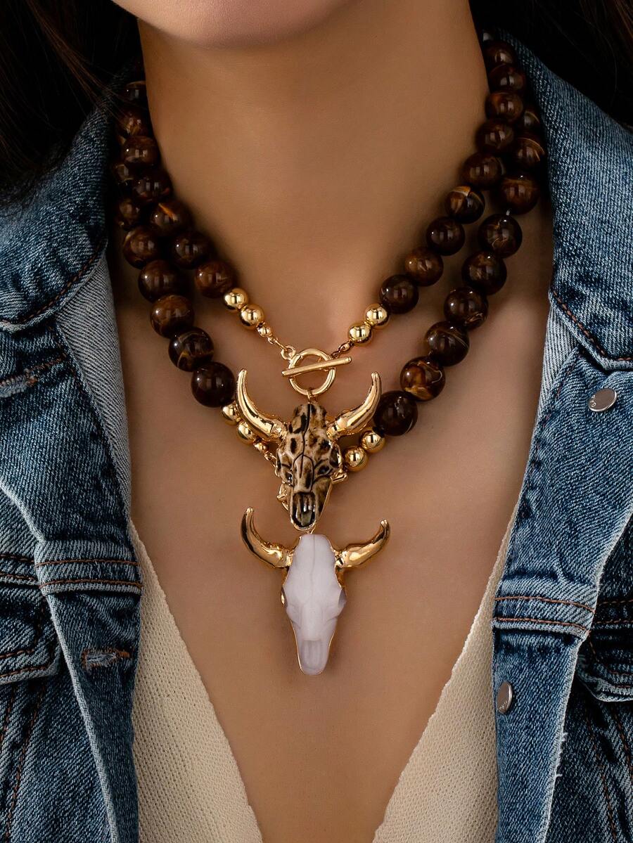 1pc Women's Western Bohemian Style Bull Head Tassel Necklace, Multi-Layer Brown Suede Cord With Gold Beads, Vintage Personalized Accessory - Multicolor - View 1